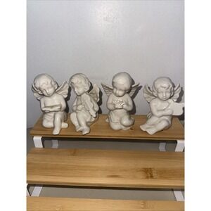 Vtg 4 White Glazed Porcelain Shelf Sit Cherub Angels Holding Rose Book Instrum